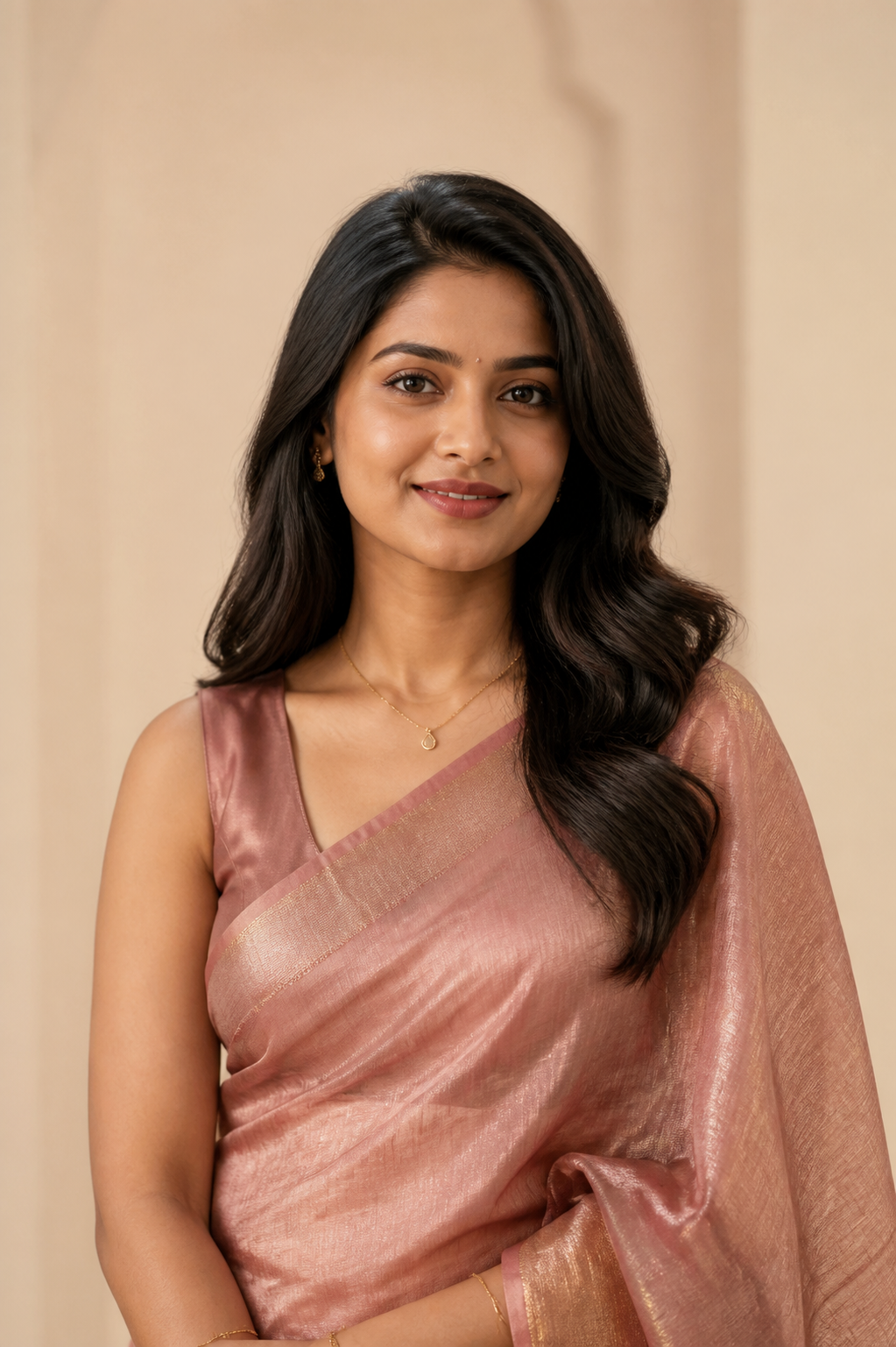 Fictional profile portrait in a rose saree